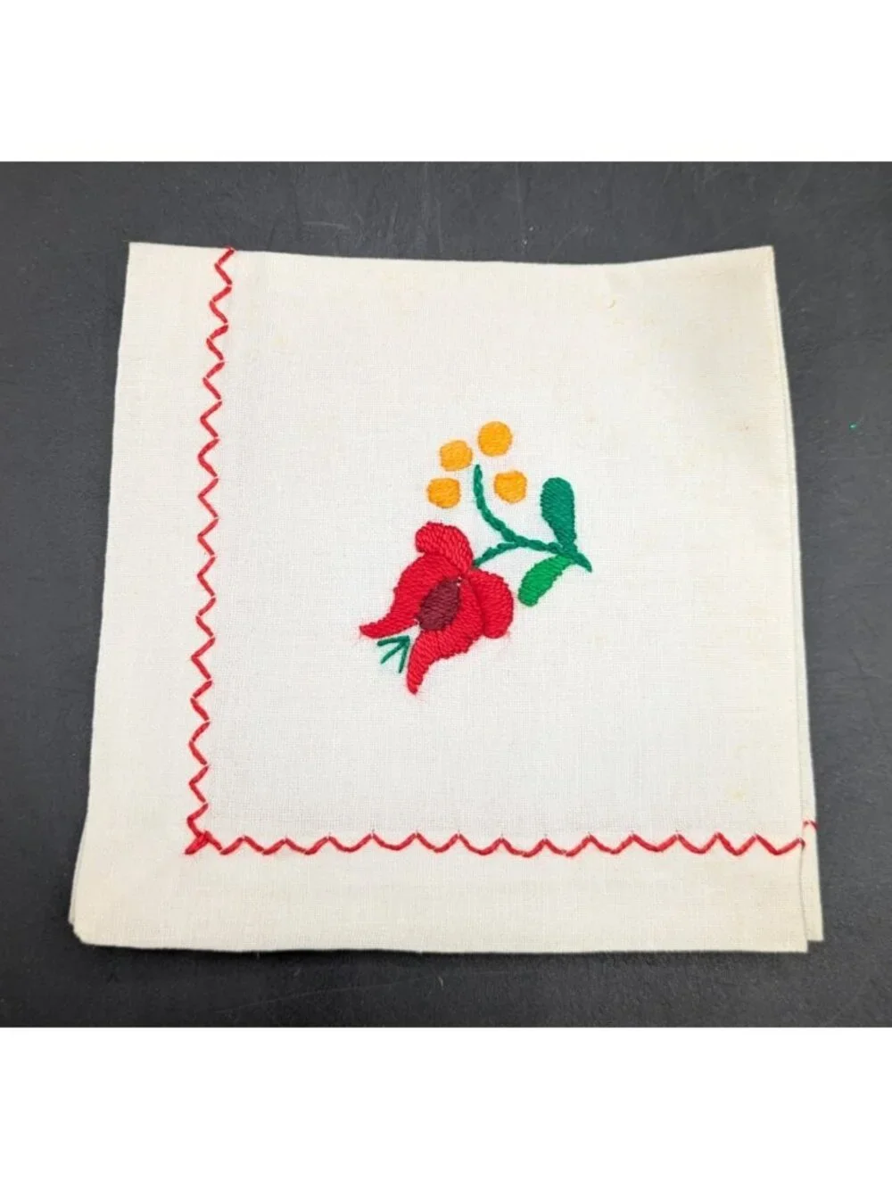 Vintage Linen Tea Napkins Embroidered Floral on White Red Trim Set of 4